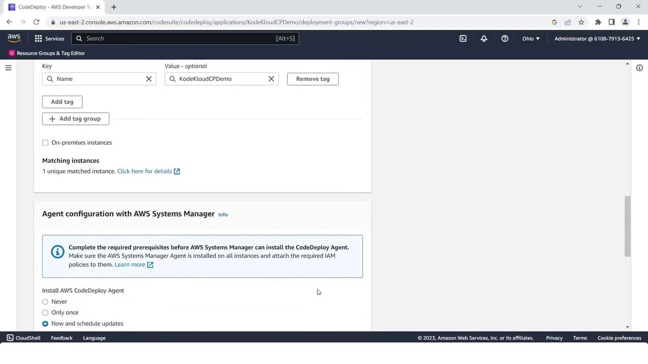 The image shows an AWS CodeDeploy configuration screen with options for tagging and agent configuration using AWS Systems Manager. It includes settings for installing the CodeDeploy Agent.