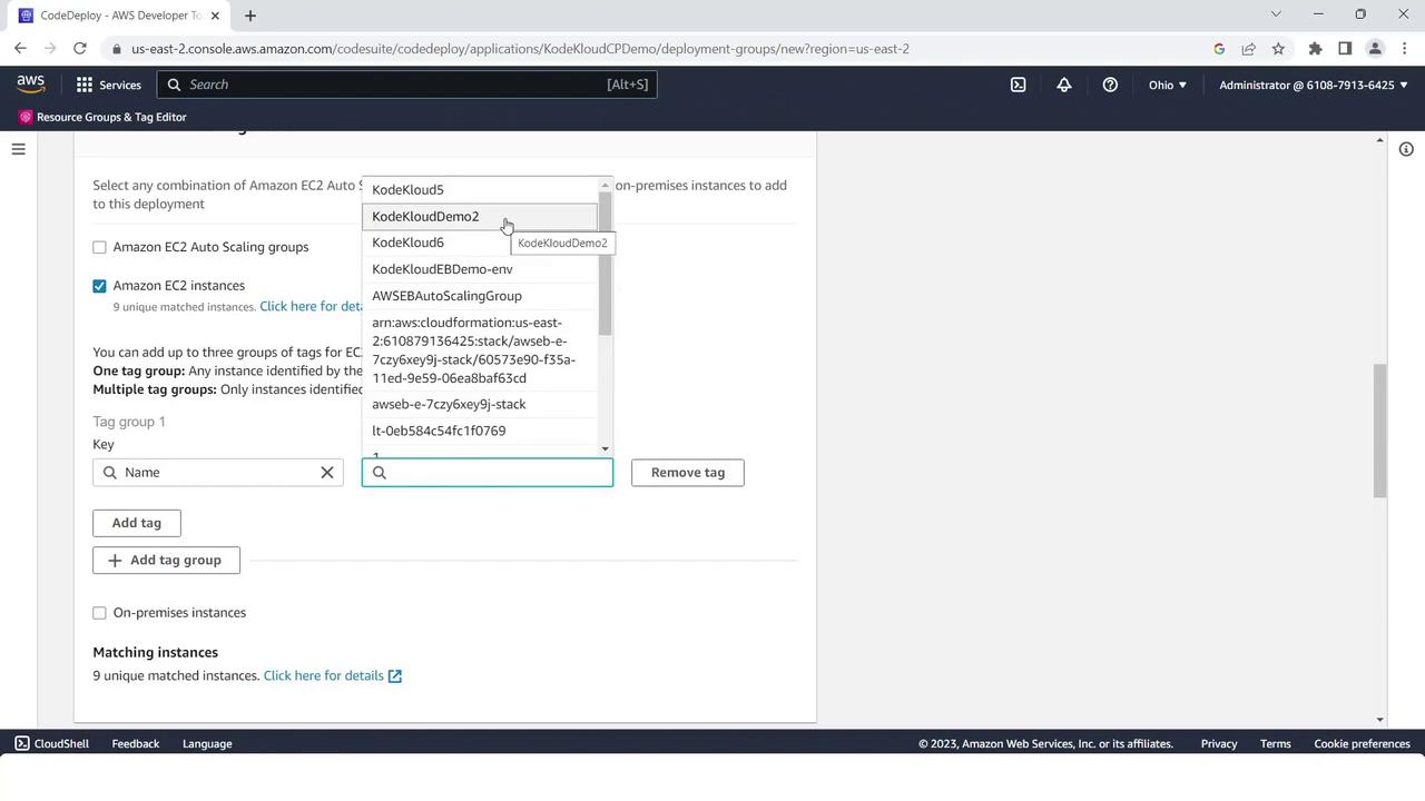 The image shows an AWS CodeDeploy interface where a user is selecting Amazon EC2 instances for deployment, with a dropdown menu listing various instance options.