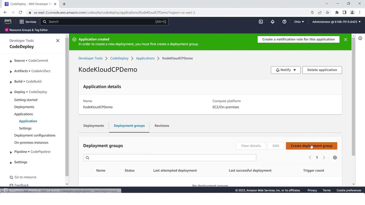 The image shows an AWS CodeDeploy application interface for "KodeKloudCPDemo," with options to create a deployment group and manage application details. The interface includes navigation for various developer tools and deployment settings.