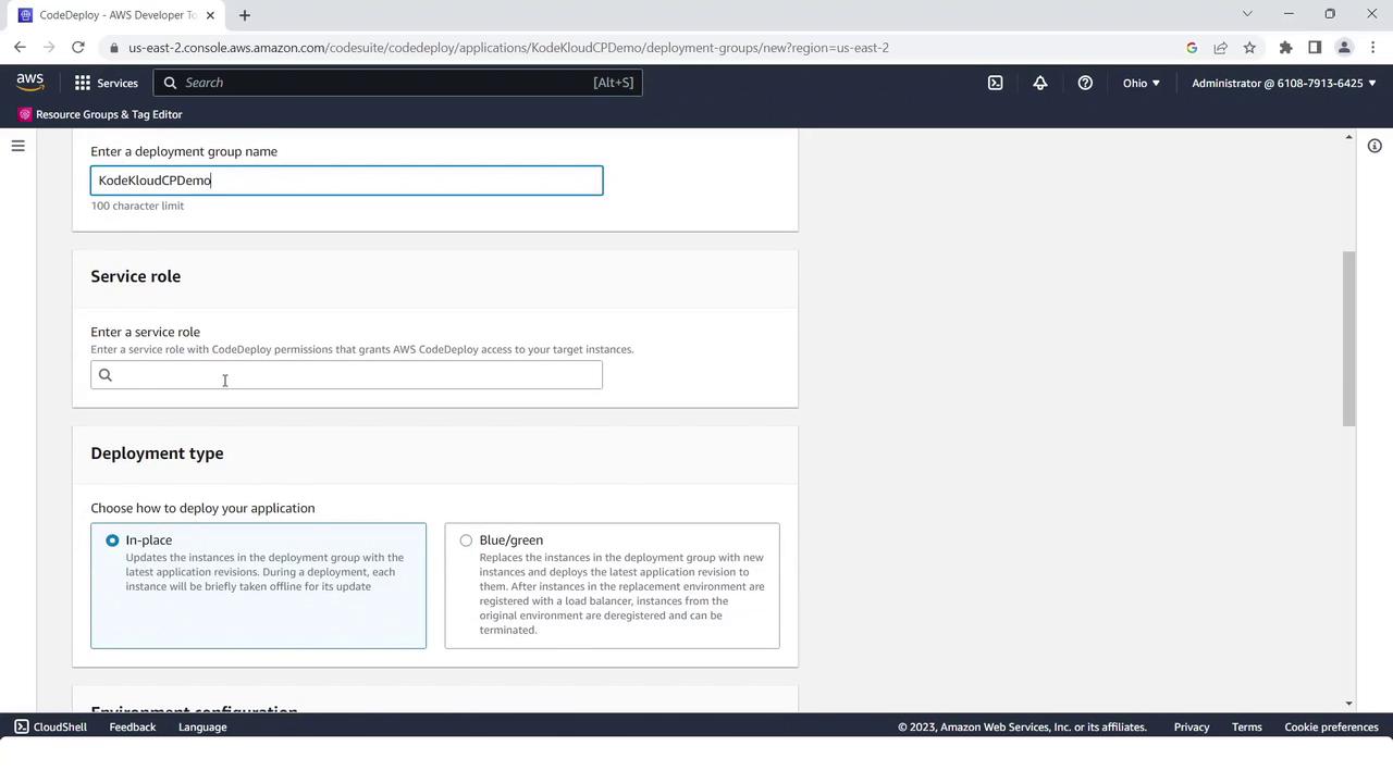 The image shows an AWS CodeDeploy setup page where a deployment group name is being entered, along with options for selecting a service role and deployment type.