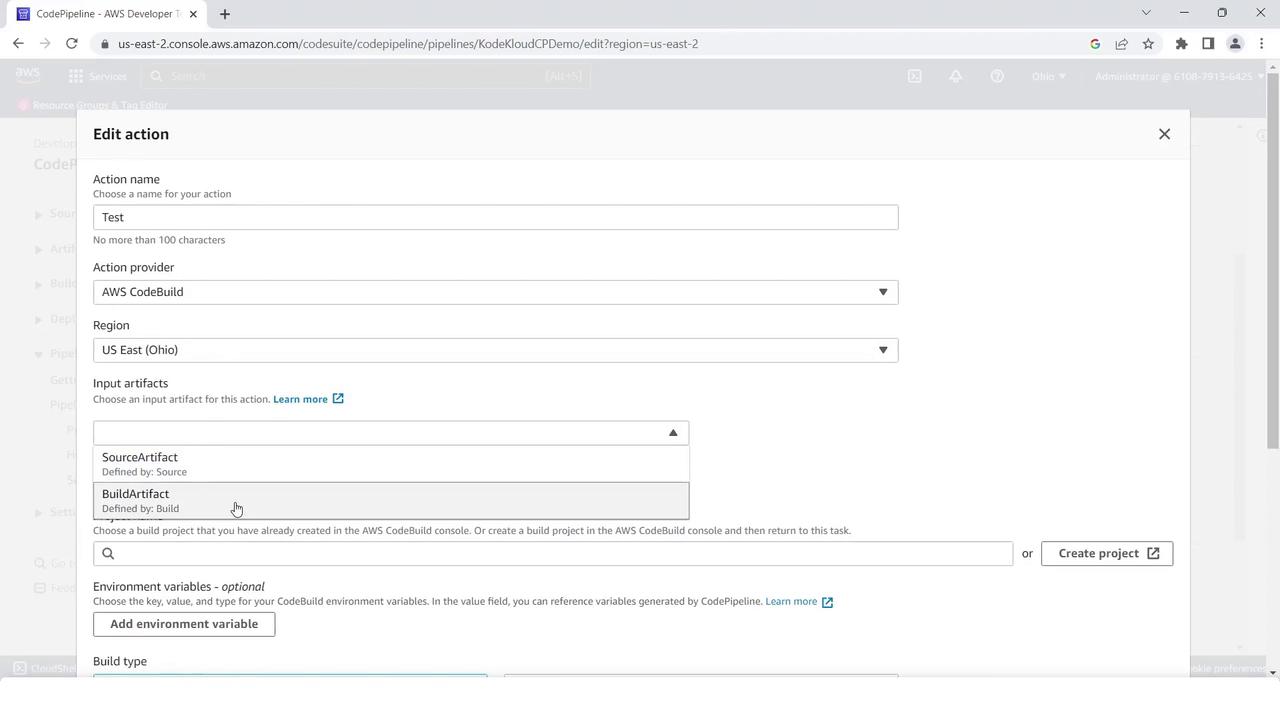The image shows an AWS CodePipeline interface where a user is editing an action, selecting AWS CodeBuild as the action provider, and specifying input artifacts and environment variables.