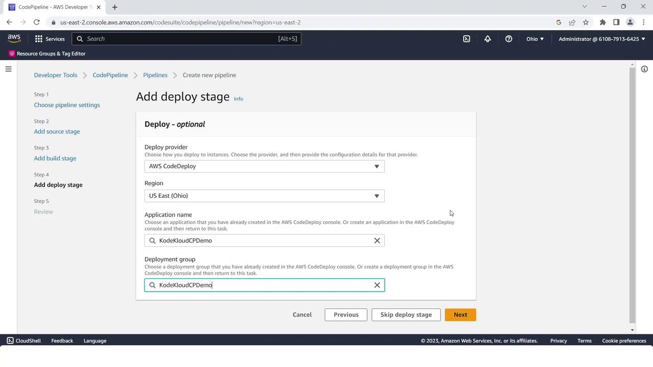 The image shows an AWS CodePipeline interface where a user is adding a deploy stage, selecting AWS CodeDeploy as the provider, and specifying the region, application name, and deployment group.