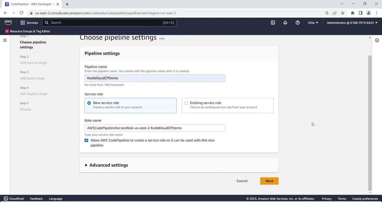 The image shows an AWS CodePipeline setup screen where a user is configuring pipeline settings, including the pipeline name and service role options.