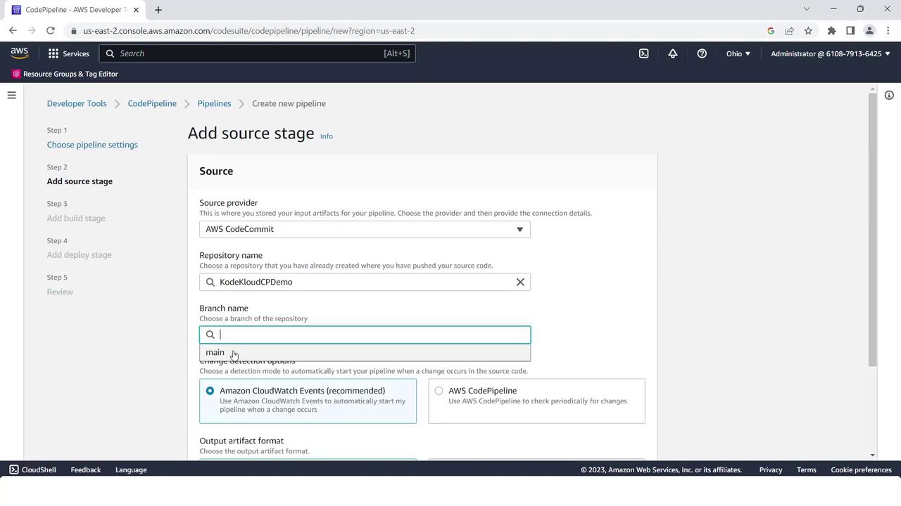 The image shows an AWS CodePipeline interface where a user is adding a source stage, selecting AWS CodeCommit as the source provider, and specifying repository and branch details.