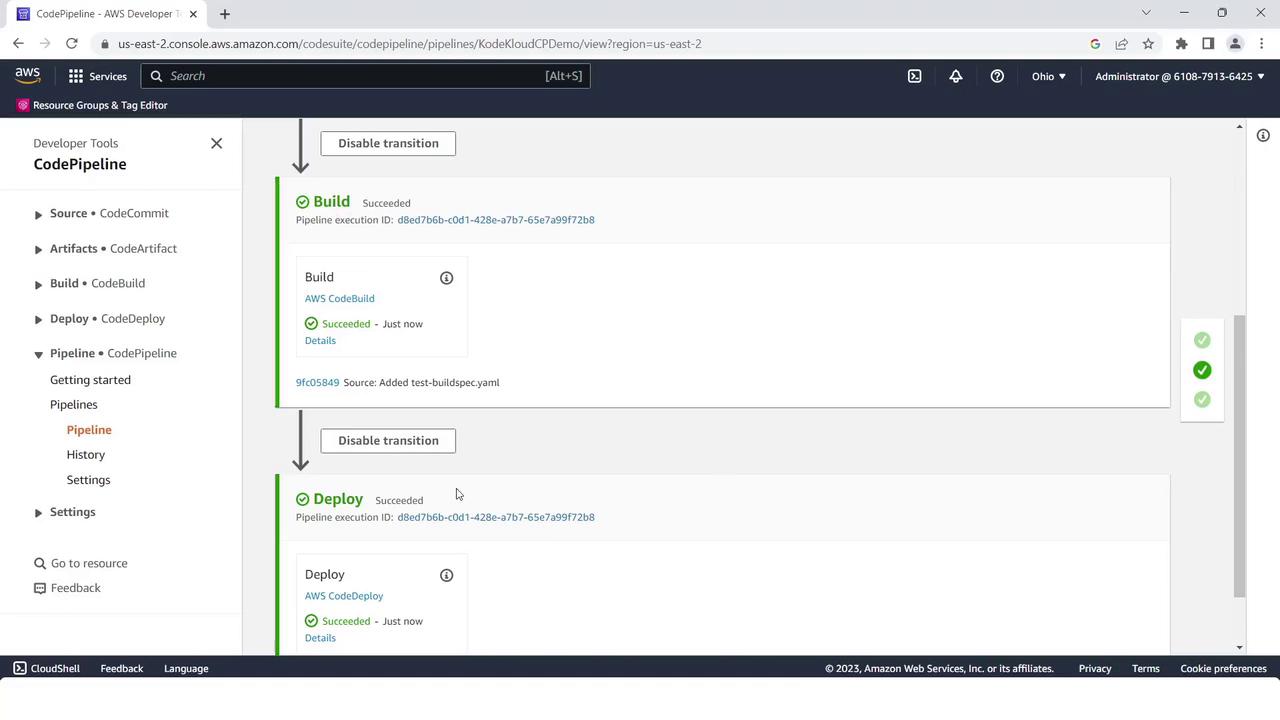 The image shows an AWS CodePipeline interface with successful build and deploy stages. The pipeline execution details indicate recent success in both stages.