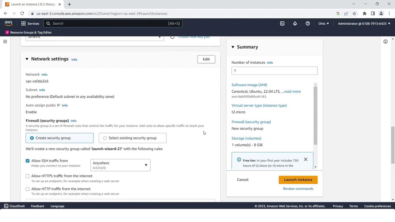 The image shows an AWS EC2 instance launch configuration screen, detailing network settings and a summary of the instance specifications.