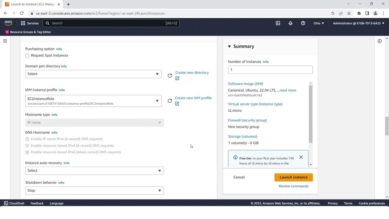 The image shows an AWS EC2 instance launch configuration page, detailing options like purchasing, domain join directory, IAM instance profile, and a summary of the instance settings.