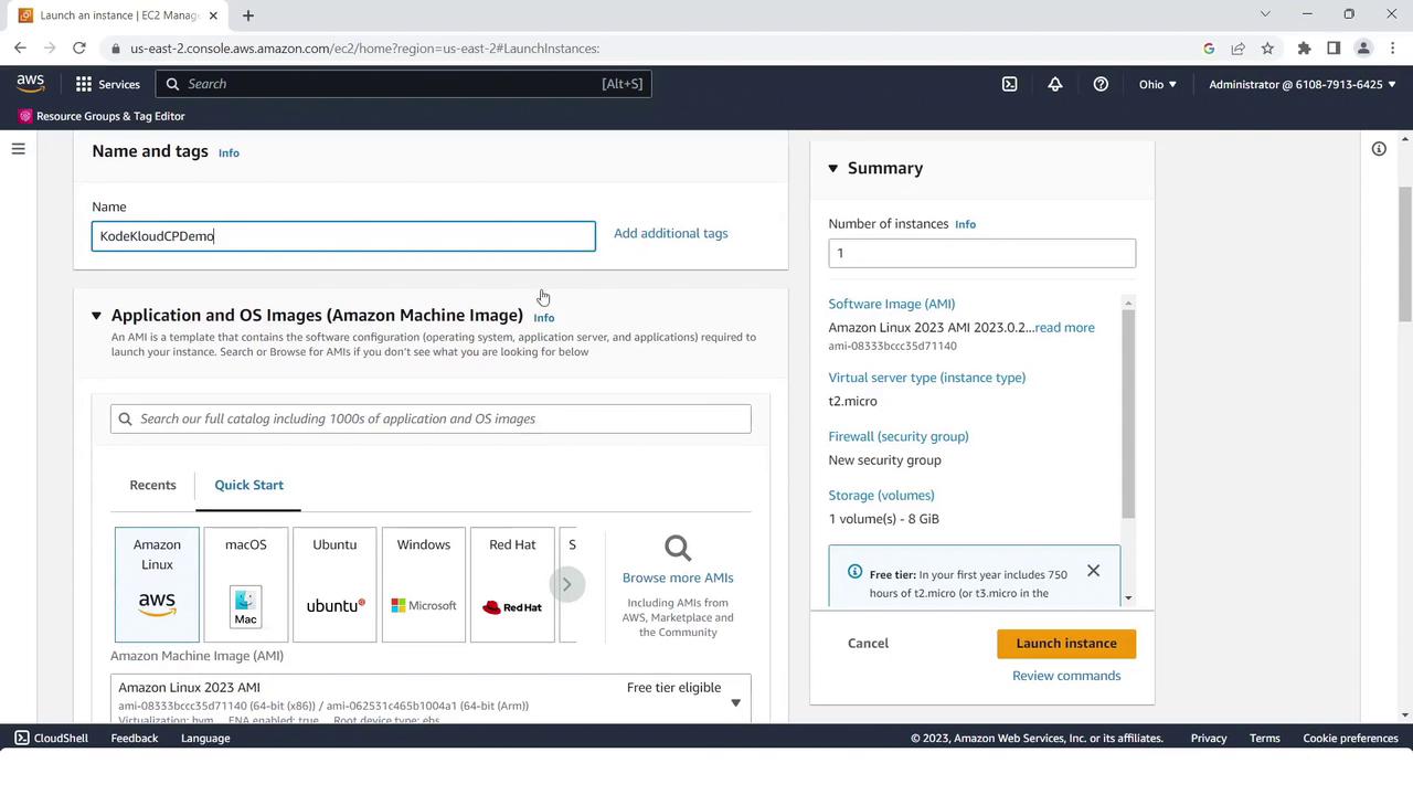 The image shows an AWS EC2 instance launch configuration screen, where a user is selecting an Amazon Machine Image (AMI) and configuring instance details like the server type and security group.