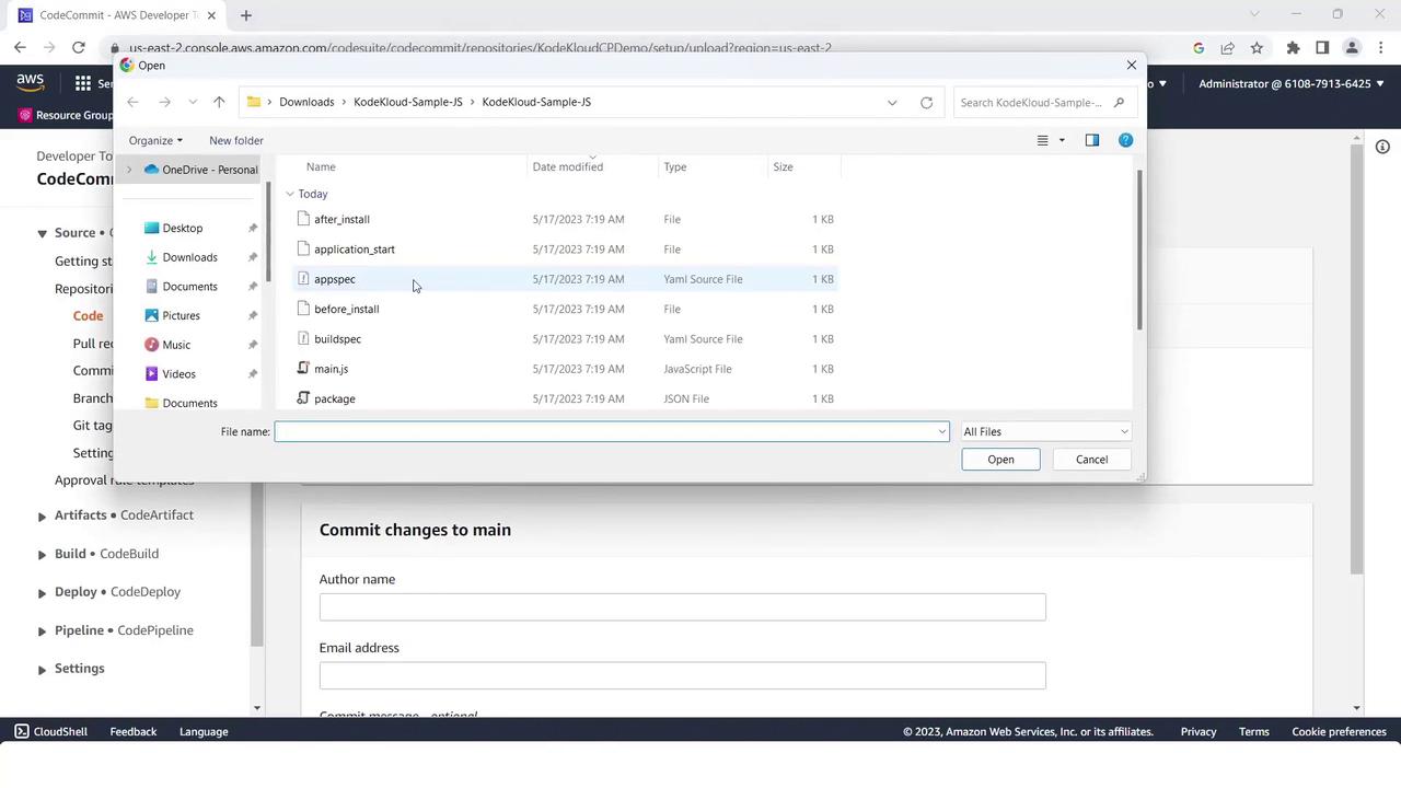 The image shows a file explorer window open on a computer, displaying a list of files in a directory. In the background, there is a web page related to AWS CodeCommit with fields for committing changes.