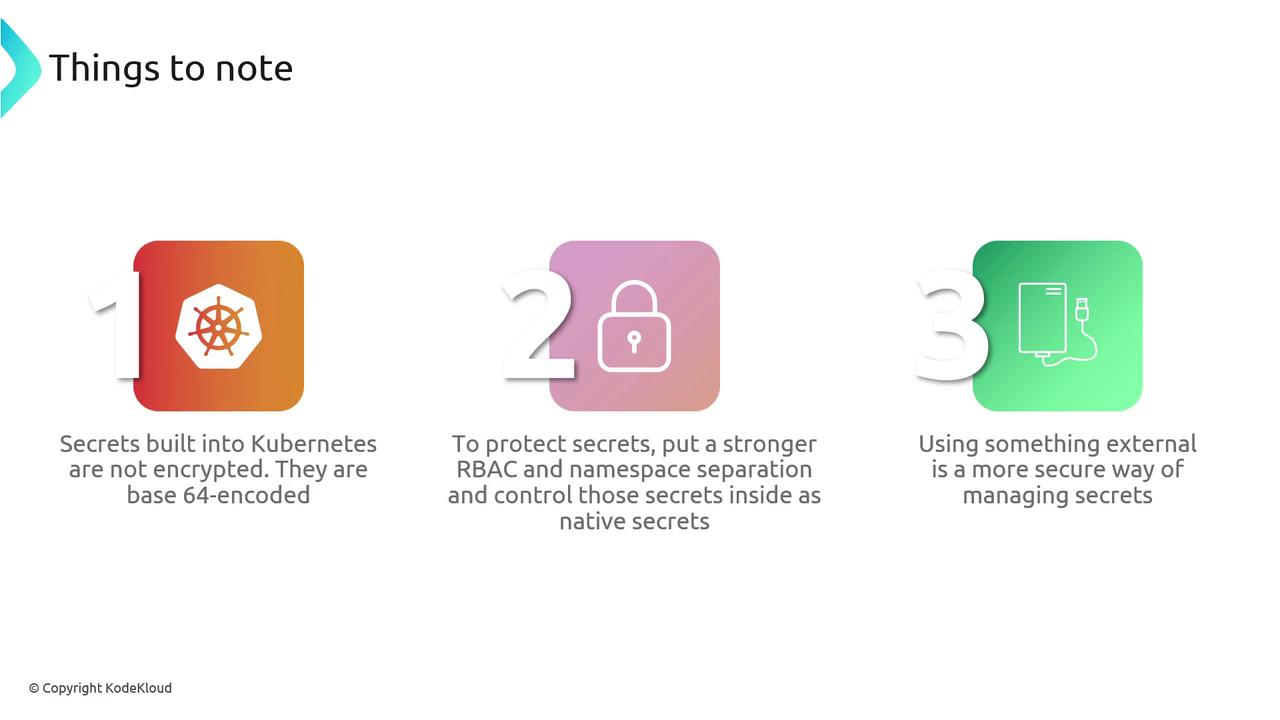 The image provides three notes about managing secrets in Kubernetes: they are base64-encoded but not encrypted, stronger RBAC and namespace separation can enhance security, and using external tools is a more secure method.