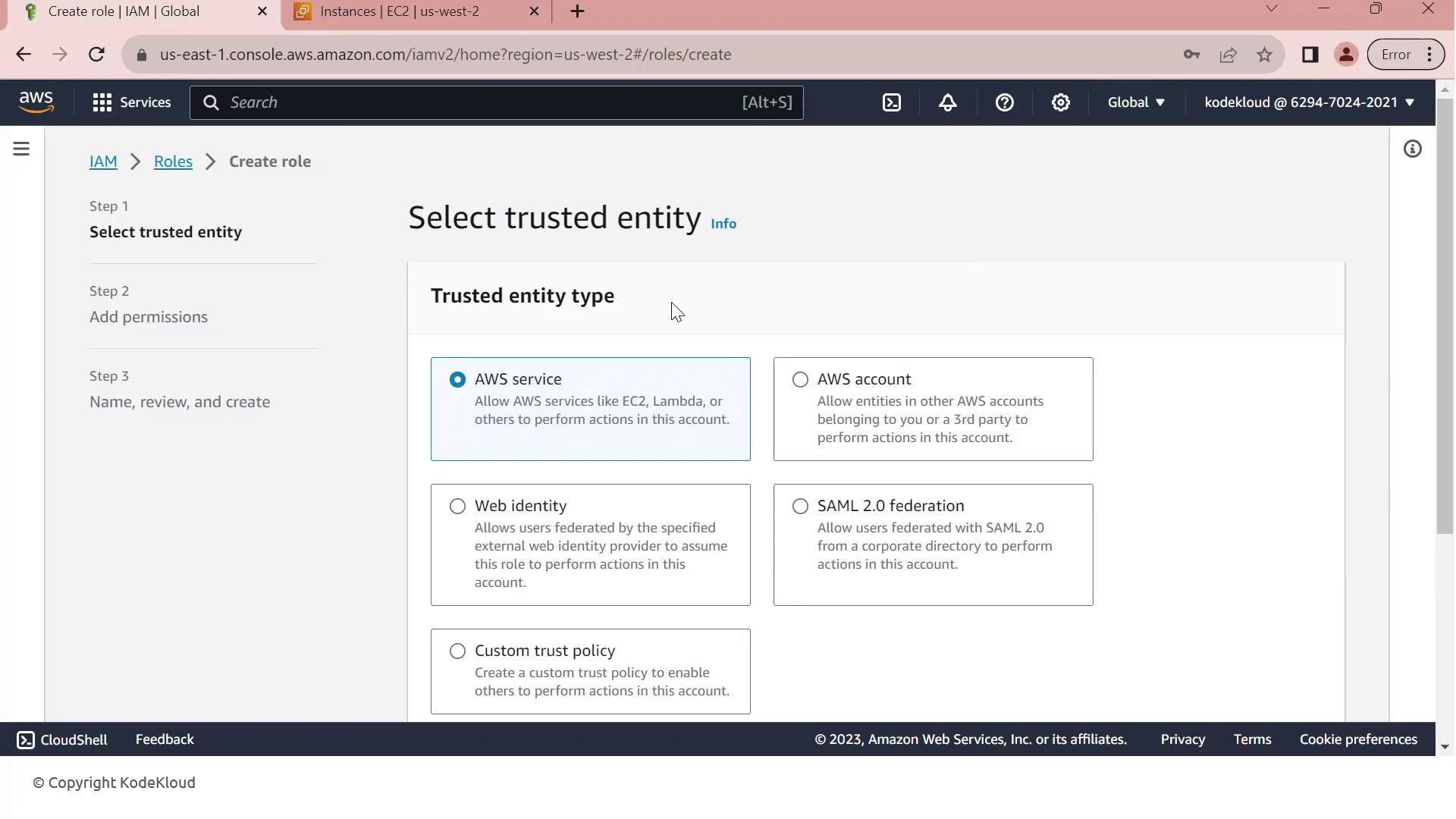The image shows an AWS IAM console screen for creating a role, specifically the step to select a trusted entity type, with options like AWS service, AWS account, Web identity, SAML 2.0 federation, and custom trust policy.