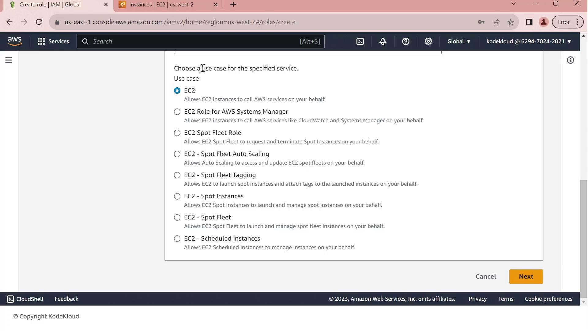 The image shows an AWS IAM console screen where a user is selecting a use case for creating a role, with options related to EC2 services.