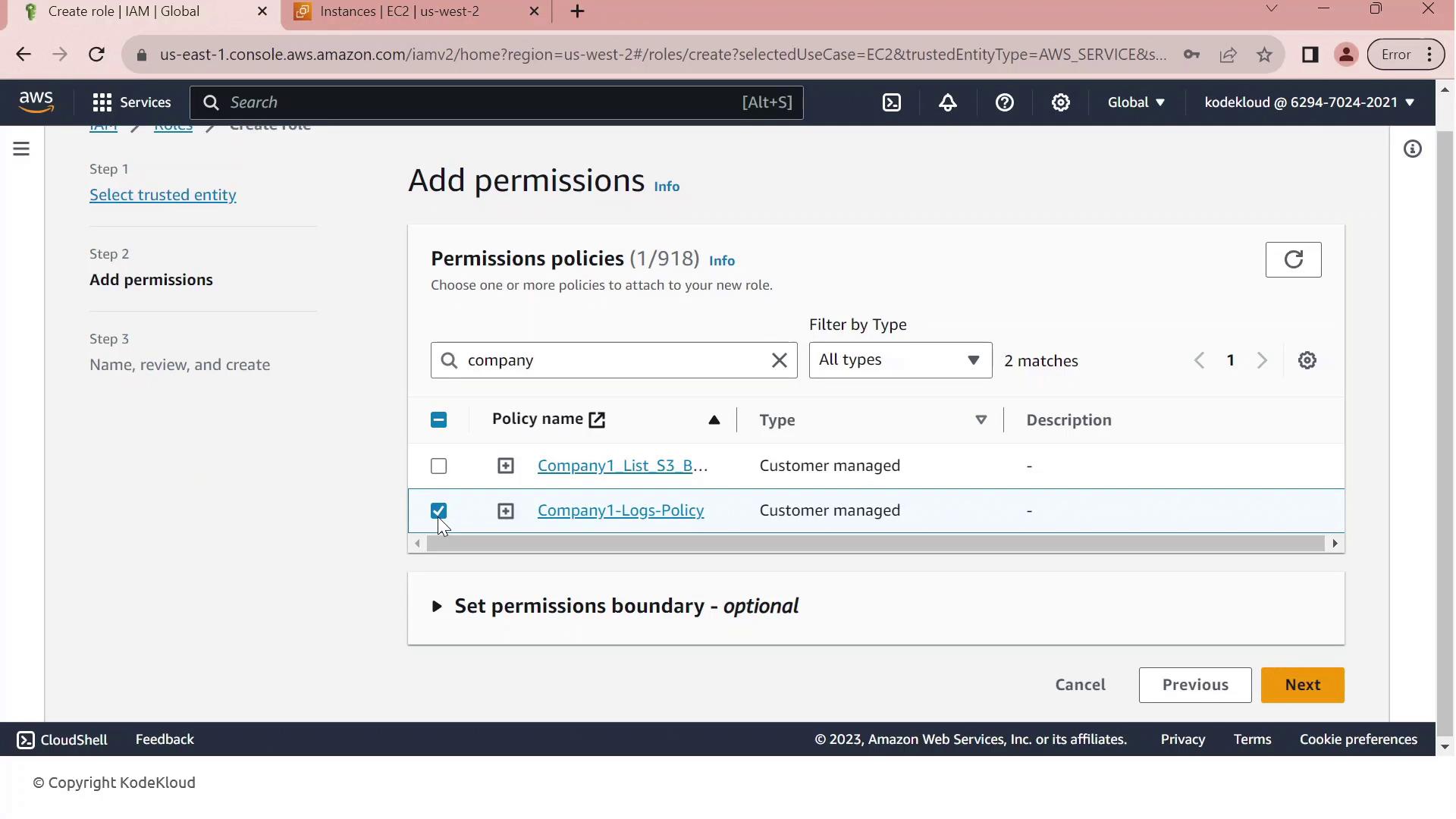 The image shows an AWS IAM console screen where permissions are being added to a role. Two customer-managed policies are listed, with one selected.
