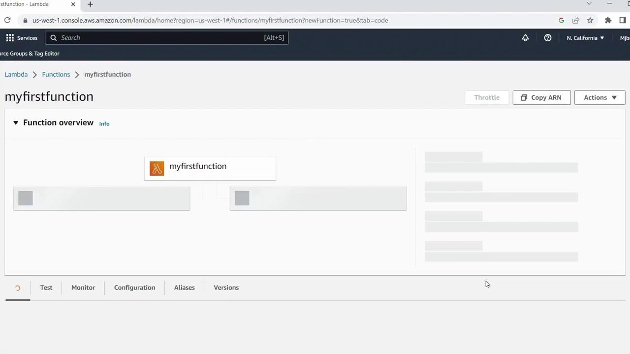 The image shows an AWS Lambda console with a function named "myfirstfunction" displayed. The interface includes options for testing, monitoring, configuration, aliases, and versions.