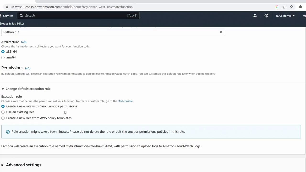 The image shows a screenshot of the AWS Lambda console, where a user is configuring a function with Python 3.7, selecting architecture options, and setting permissions for execution roles.