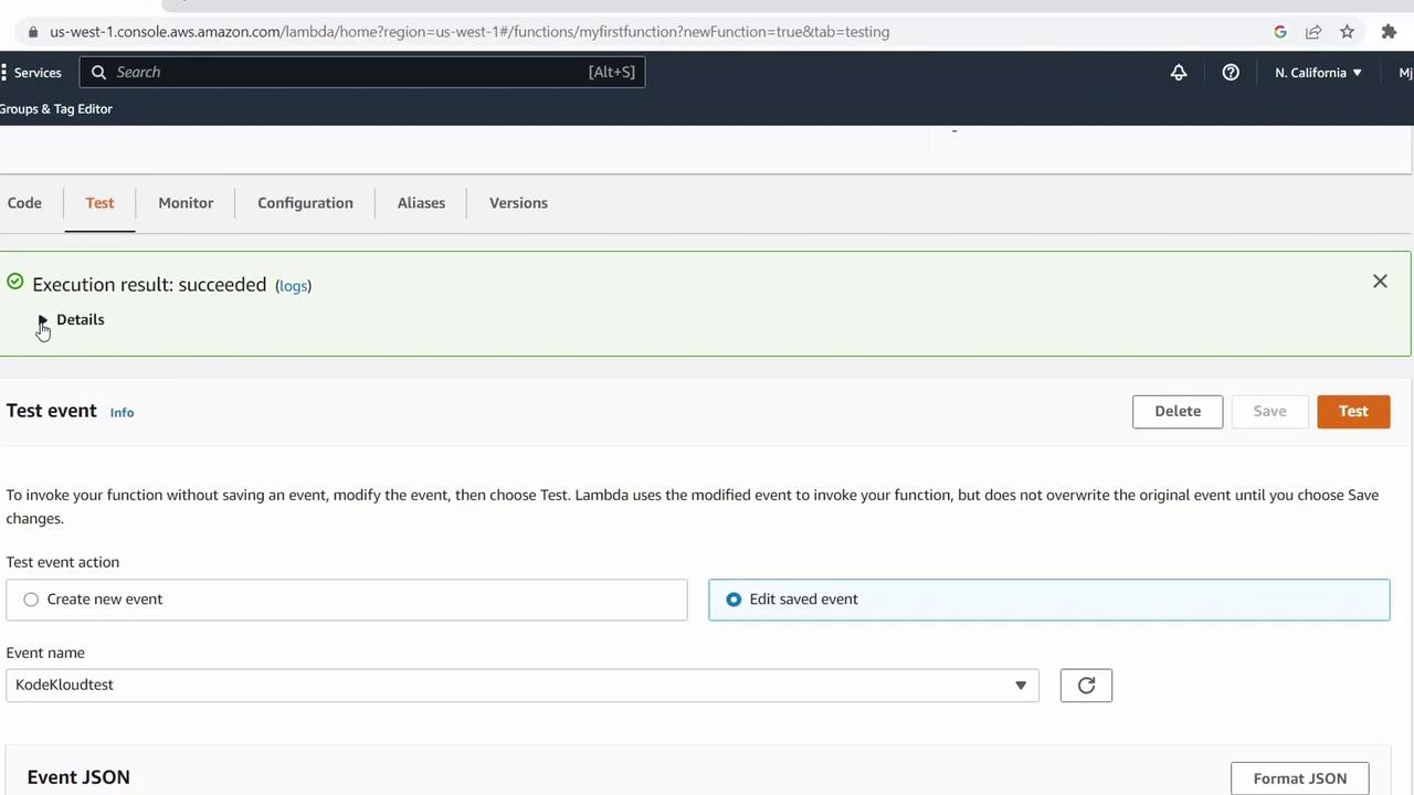 The image shows an AWS Lambda console with a successful execution result for a test event. It includes options to create or edit a test event and displays JSON formatting options.