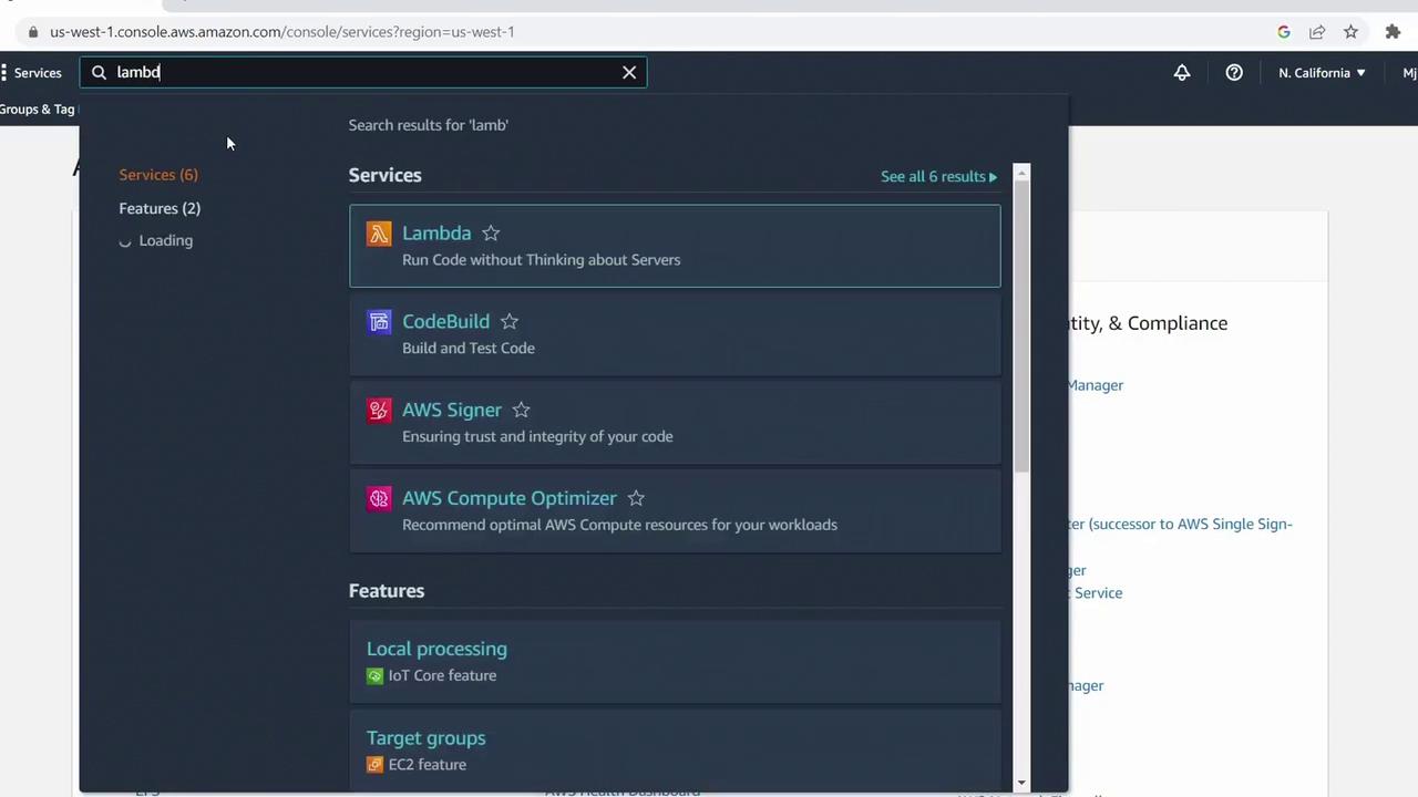 The image shows the AWS Management Console with a search for "lamb" displaying services like AWS Lambda, CodeBuild, and AWS Signer.