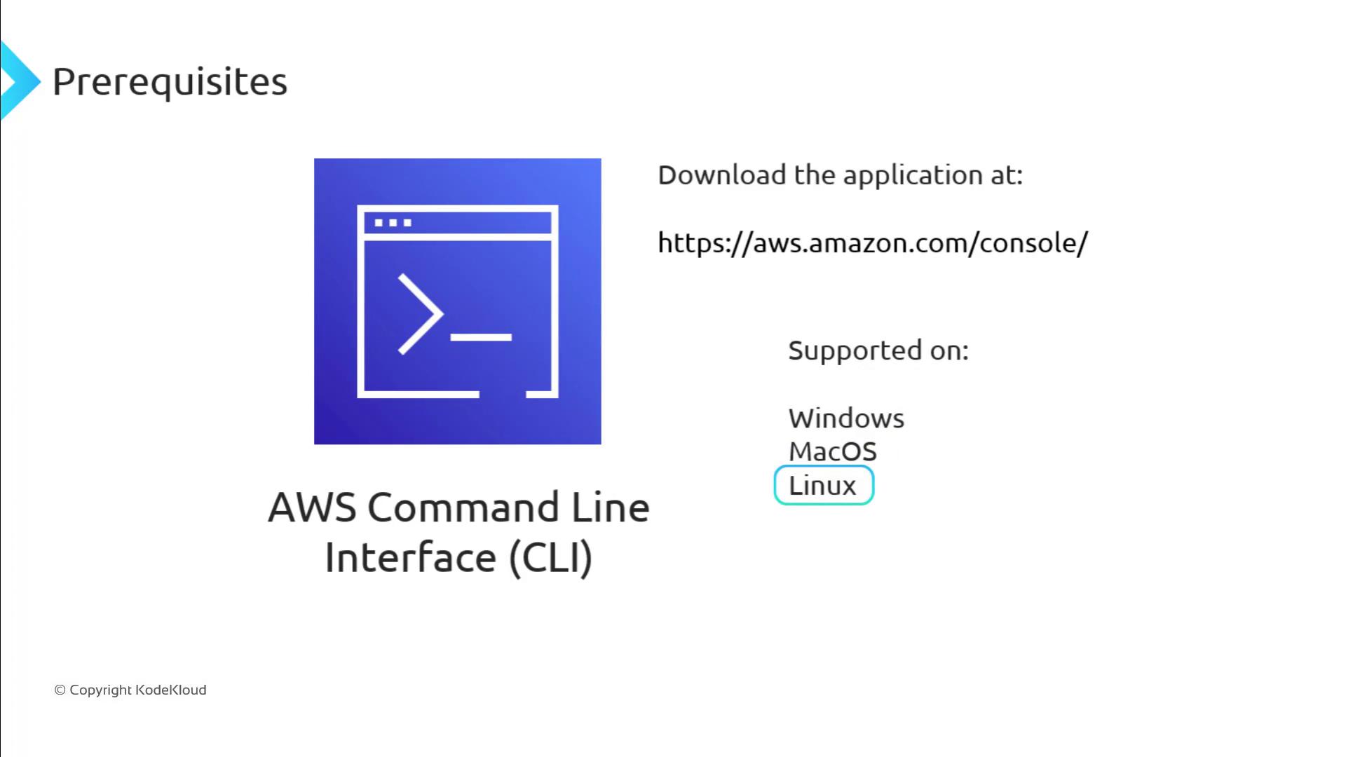 The image provides information about the AWS Command Line Interface (CLI), including a download link and supported operating systems: Windows, MacOS, and Linux.