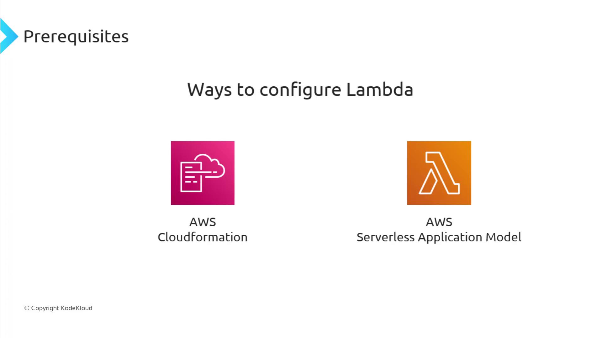 The image shows two ways to configure AWS Lambda: AWS CloudFormation and AWS Serverless Application Model.