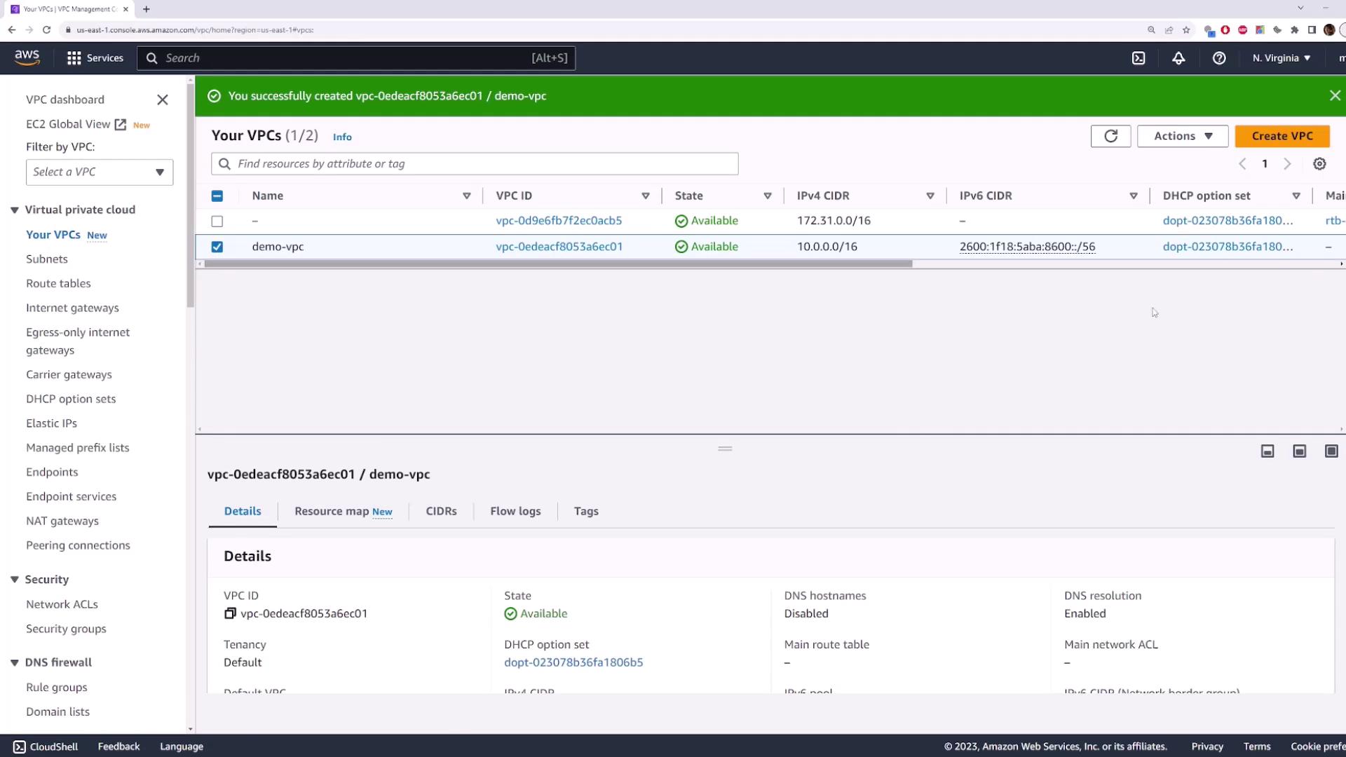 The image shows the AWS VPC Management Console, displaying details of a newly created VPC named "demo-vpc" with its status marked as available.