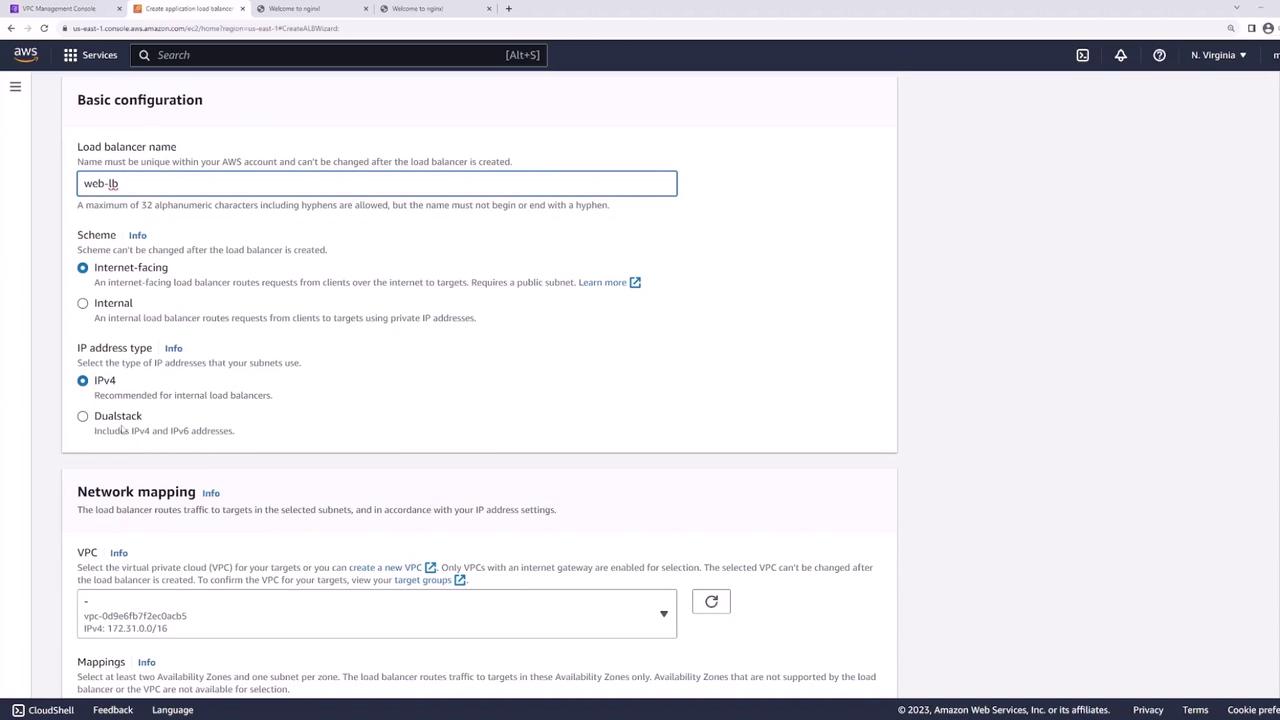 The image shows a configuration page for creating an application load balancer in the AWS Management Console, with options for naming, scheme selection, IP address type, and network mapping.