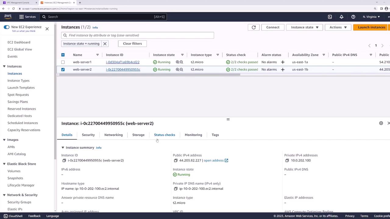 The image shows an AWS EC2 Management Console with two running instances, "web-server1" and "web-server2," both of type t2.micro. The details of "web-server2" are displayed, including its instance ID, public IP address, and status checks.