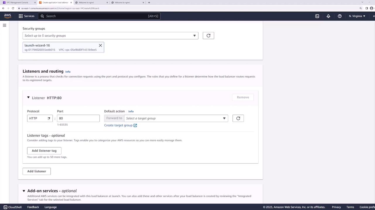 The image shows an AWS Management Console interface for configuring a load balancer, including settings for security groups and listener routing with HTTP protocol on port 80.