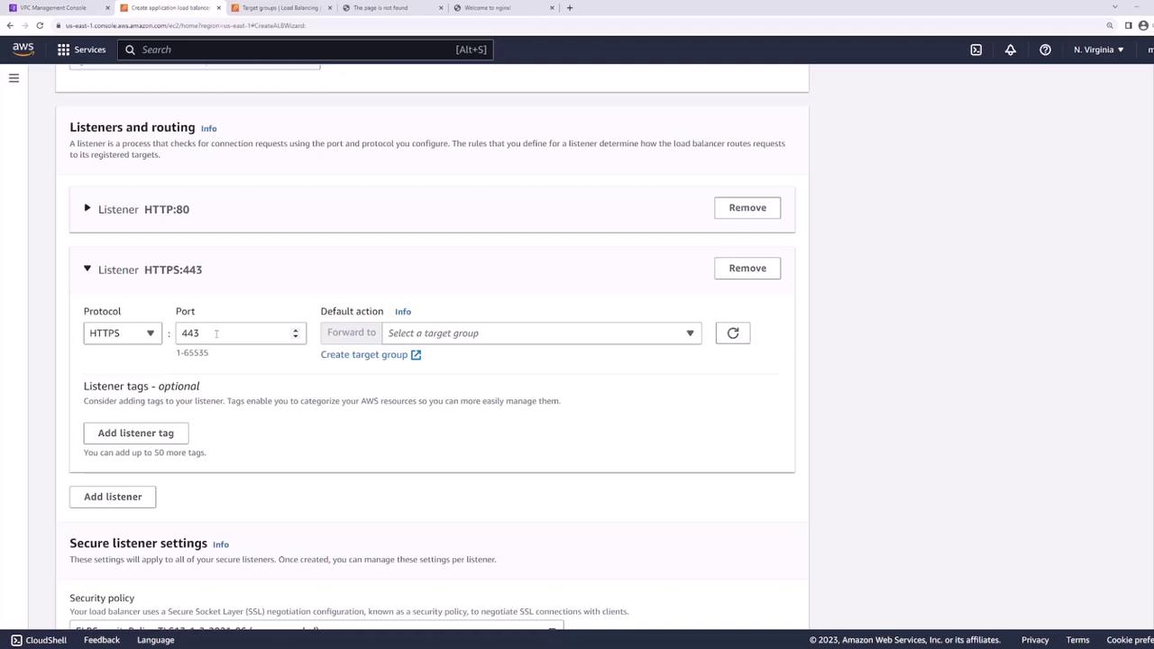 The image shows an AWS Management Console interface for configuring listeners and routing for a load balancer, with options for HTTP and HTTPS protocols. It includes settings for ports, default actions, and listener tags.
