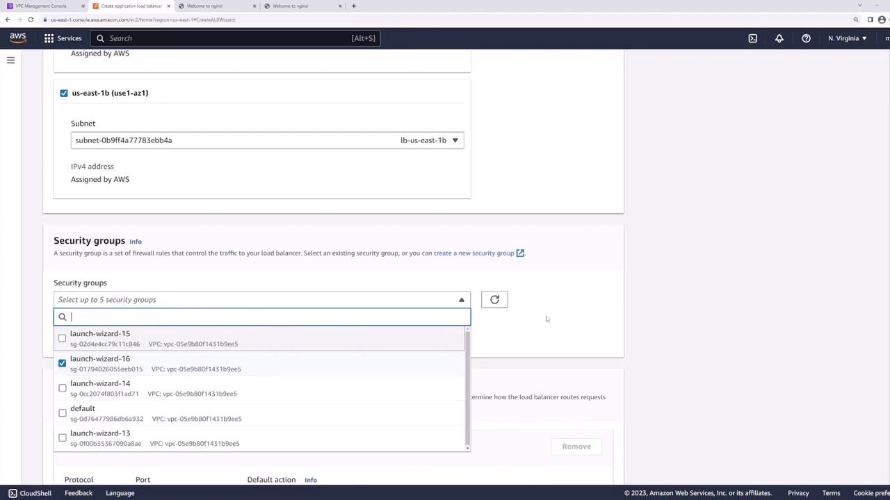 The image shows a screenshot of the AWS Management Console, specifically the section for configuring security groups for a load balancer. It includes options to select or create security groups and displays a dropdown list of available groups.