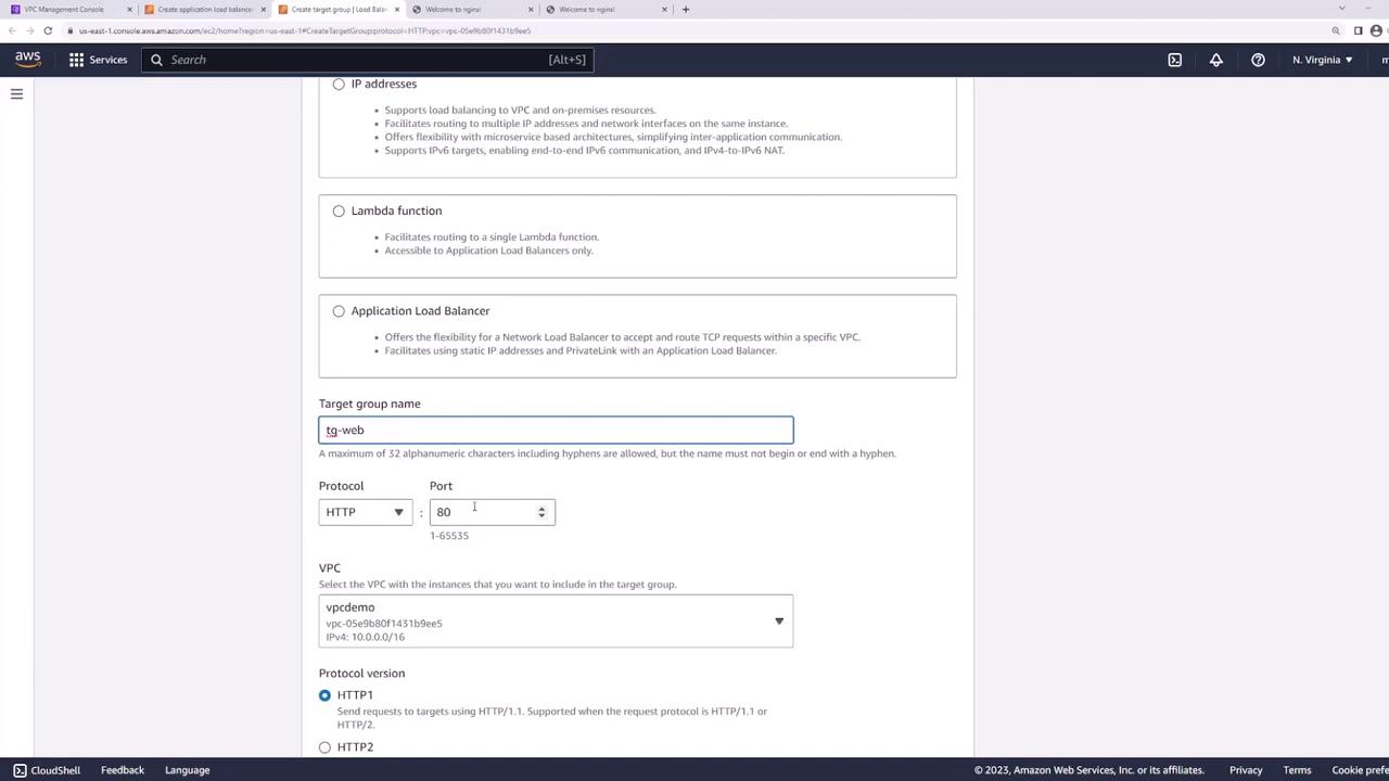 The image shows a screenshot of the AWS Management Console, specifically the section for creating a target group for a load balancer. It includes options for setting the target group name, protocol, port, VPC, and protocol version.