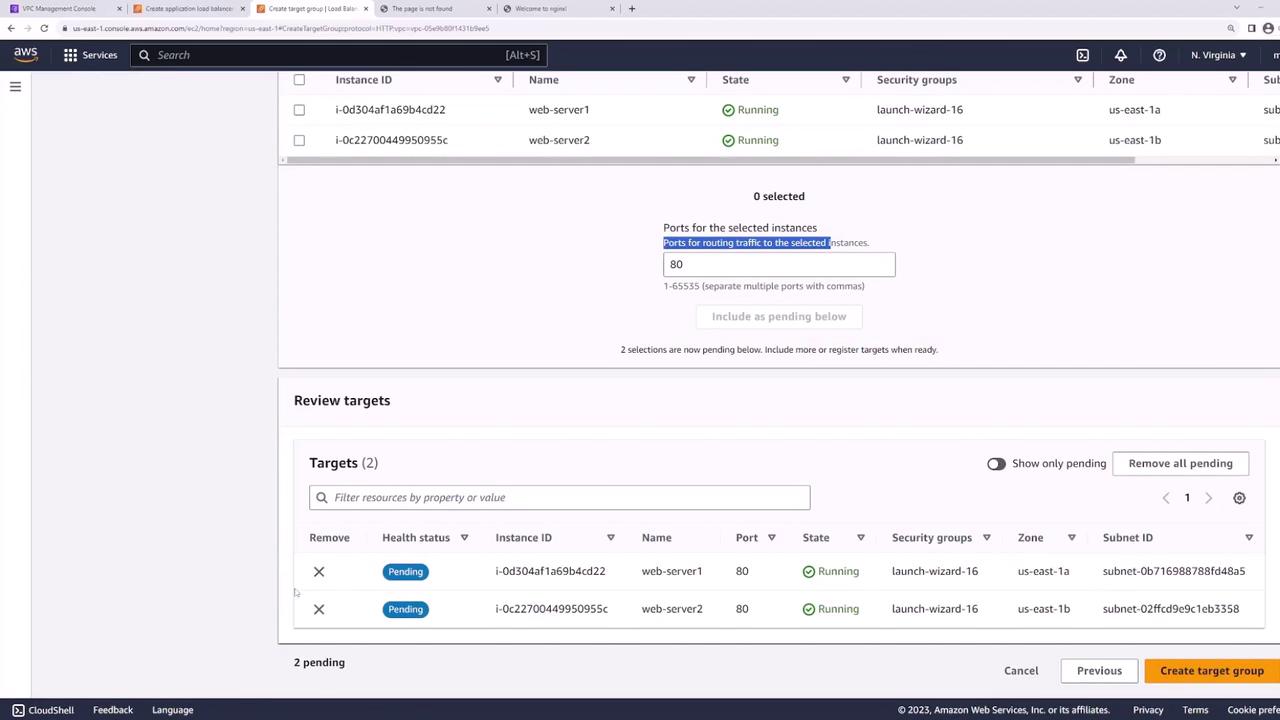 The image shows an AWS Management Console interface, specifically the section for creating a target group for load balancing, with two instances listed as targets.