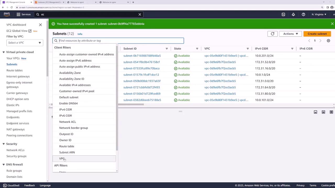 The image shows the AWS Management Console displaying the VPC dashboard with a list of subnets. A notification at the top indicates that a new subnet has been successfully created.