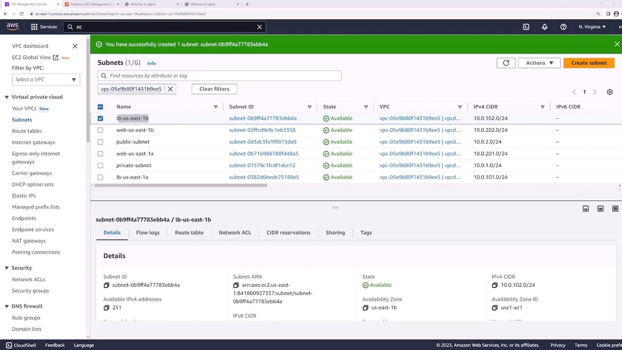 The image shows an AWS VPC Management Console displaying a list of subnets, with details of a selected subnet including its ID, state, and availability zone.