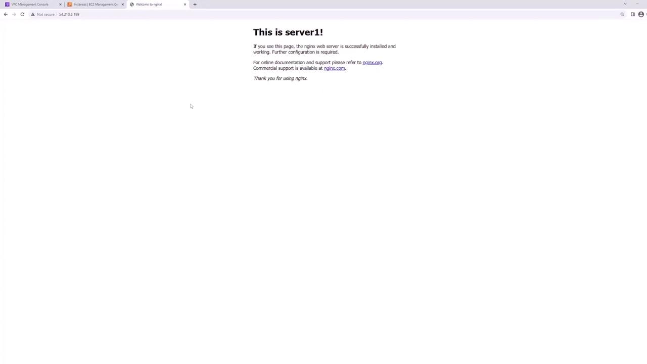 The image shows a web page with a message indicating that "server1" is running, confirming the successful installation of the Nginx web server. It includes links for online documentation and support.