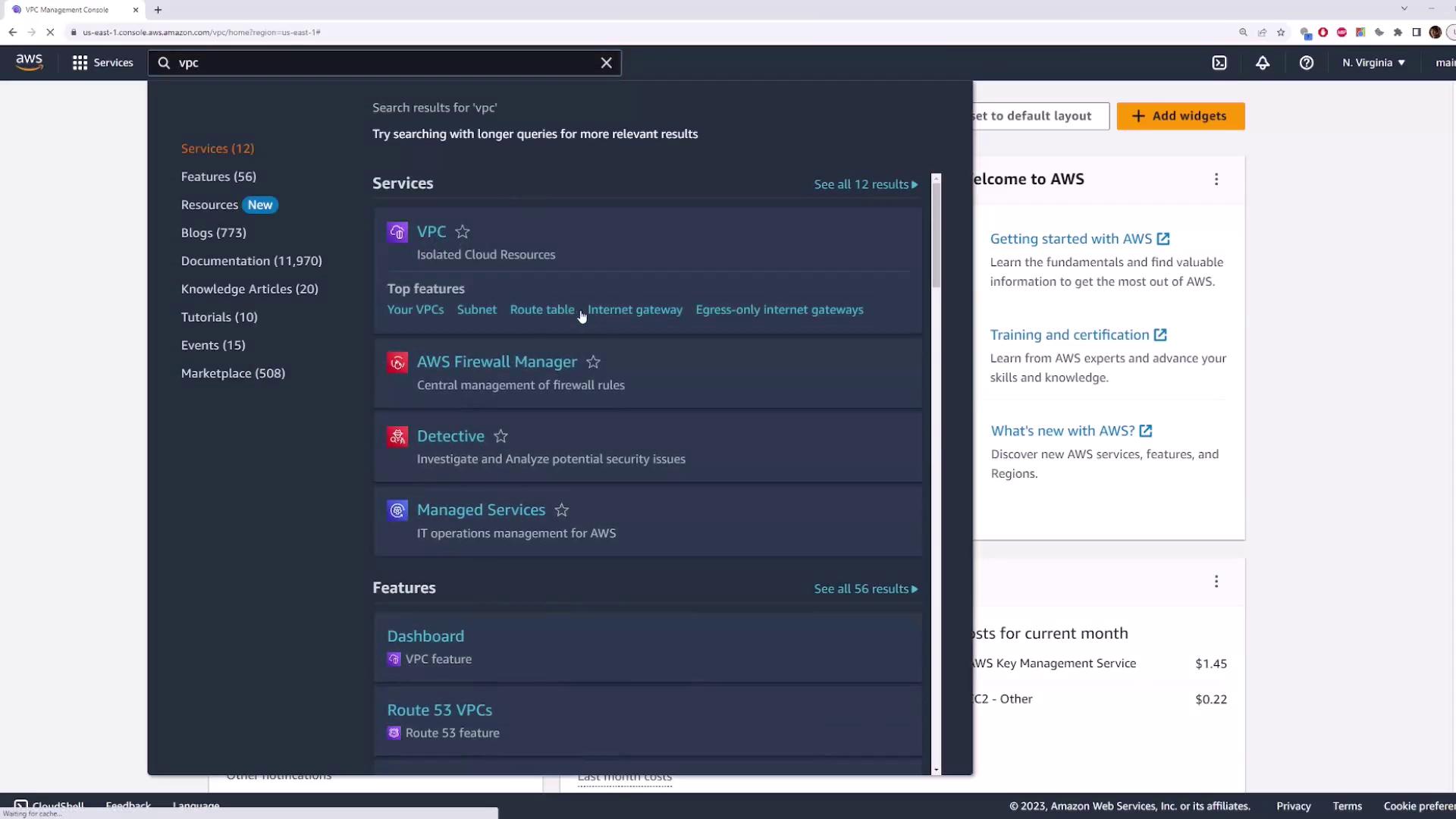 The image shows the AWS Management Console with a search for "VPC" displaying various services and features related to Virtual Private Cloud, such as AWS Firewall Manager and Detective.