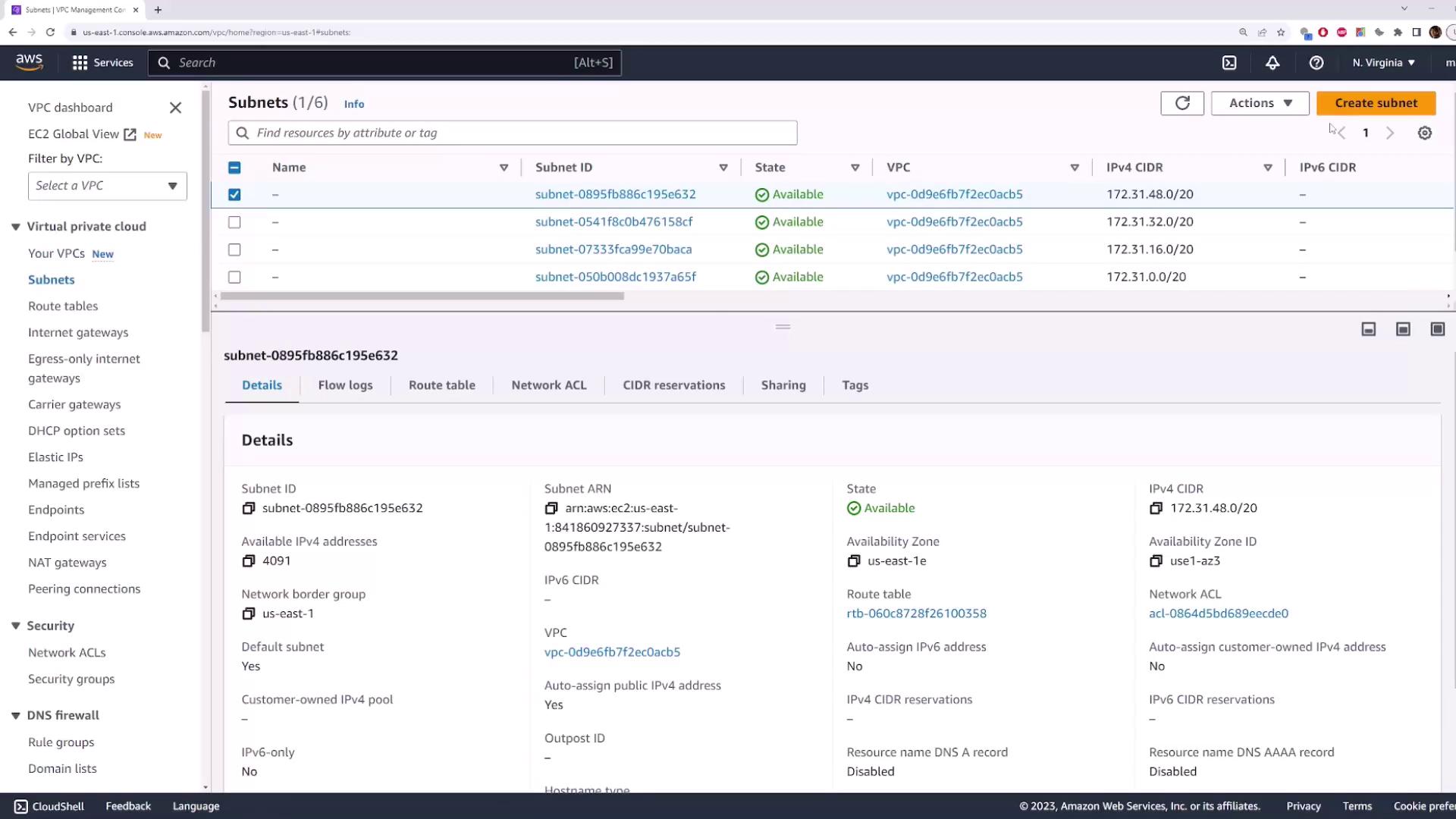 This image shows the AWS Management Console displaying details of subnets within a Virtual Private Cloud (VPC), including subnet IDs, states, and CIDR blocks. The interface provides options for managing and viewing subnet configurations.