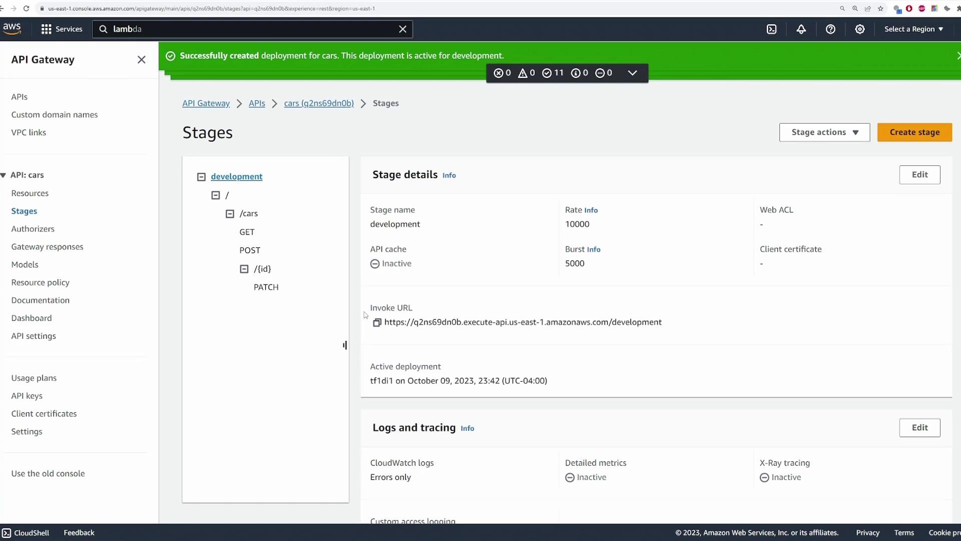 The image shows the AWS API Gateway console with details of a "development" stage for an API named "cars," including methods like GET, POST, and PATCH. A green notification indicates a successful deployment.