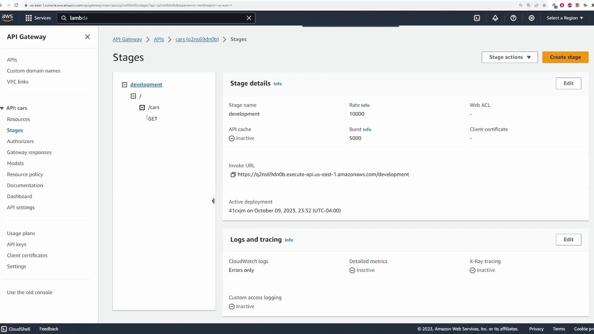 The image shows an AWS API Gateway console with details of a "development" stage for an API named "cars," including the invoke URL and logging information. The stage details include rate and burst limits, and the API cache is inactive.