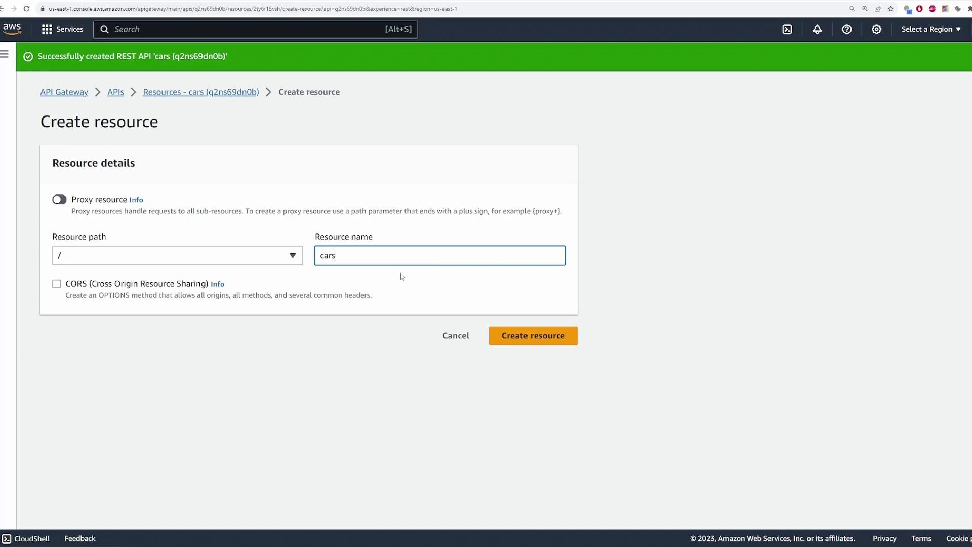 The image shows an AWS API Gateway interface where a user is creating a new resource named "cars." The interface includes options for setting the resource path and enabling CORS.