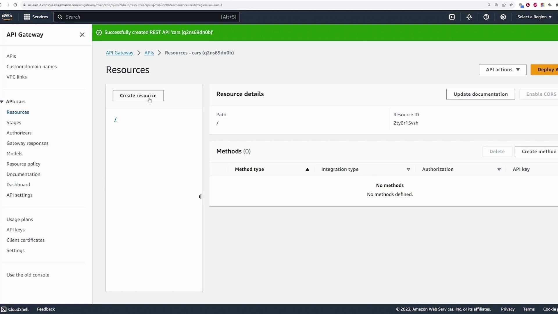 The image shows the AWS API Gateway console with a newly created REST API named "cars." It displays the resources section with no methods defined yet.