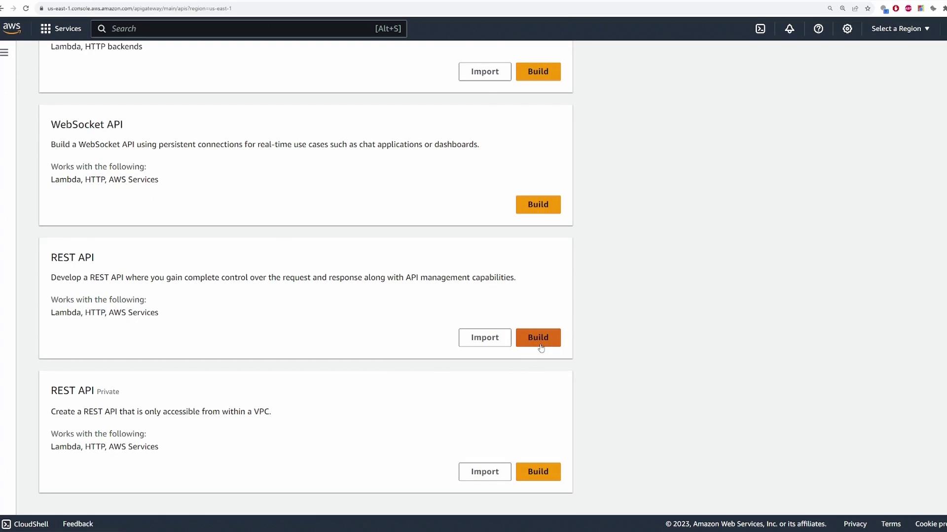 The image shows the AWS API Gateway console with options to build or import WebSocket and REST APIs. It includes descriptions of each API type and their compatible services.