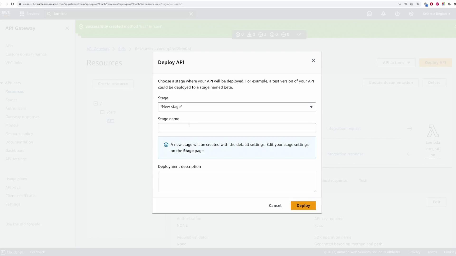 The image shows the AWS API Gateway console with a "Deploy API" dialog box open, prompting the user to choose a stage and enter a stage name for deployment.