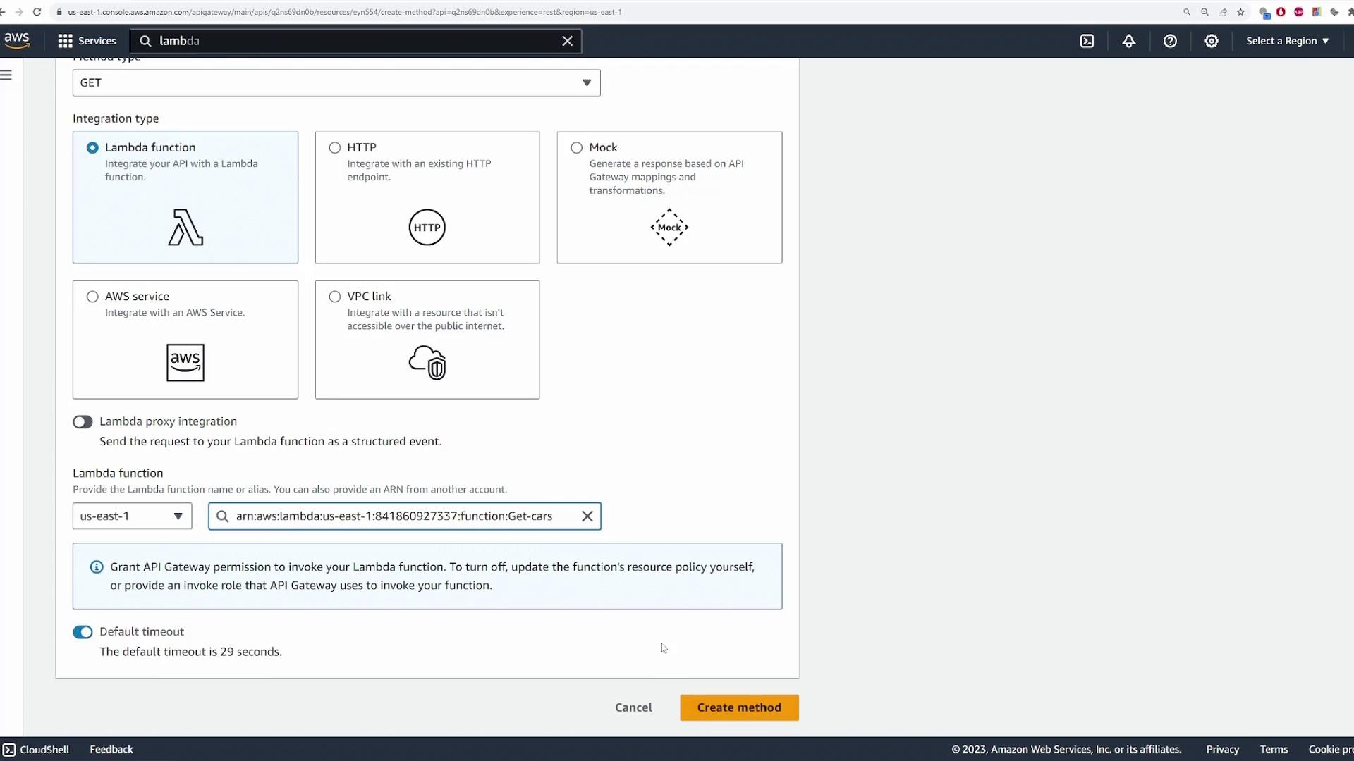 The image shows an AWS API Gateway console where a user is configuring an integration type for a GET method, selecting a Lambda function as the integration option. Various integration types are displayed, including HTTP, Mock, AWS service, and VPC link.
