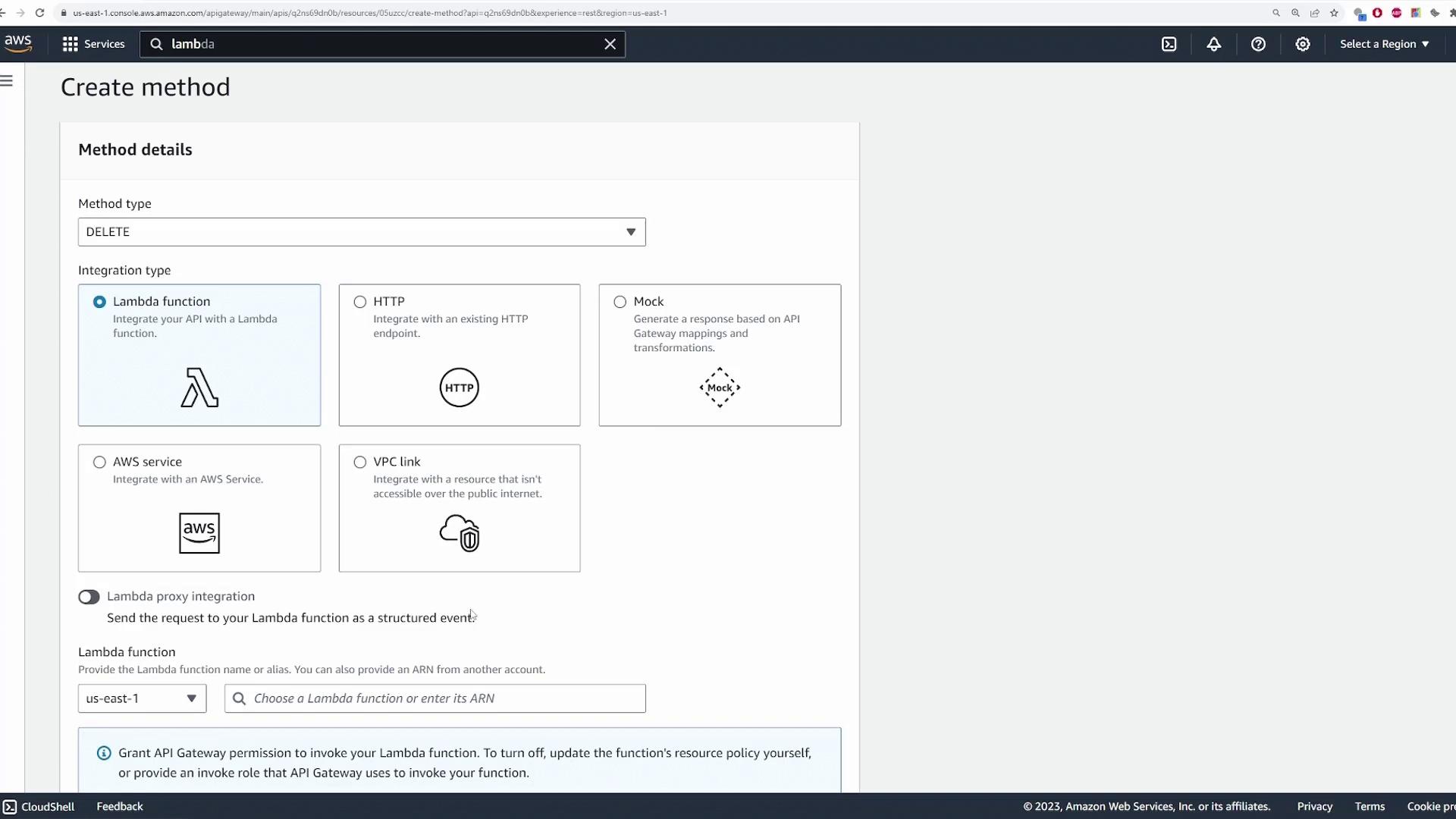 The image shows an AWS console interface for creating a method in API Gateway, with options for method type and integration type, including Lambda function, HTTP, Mock, AWS service, and VPC link.