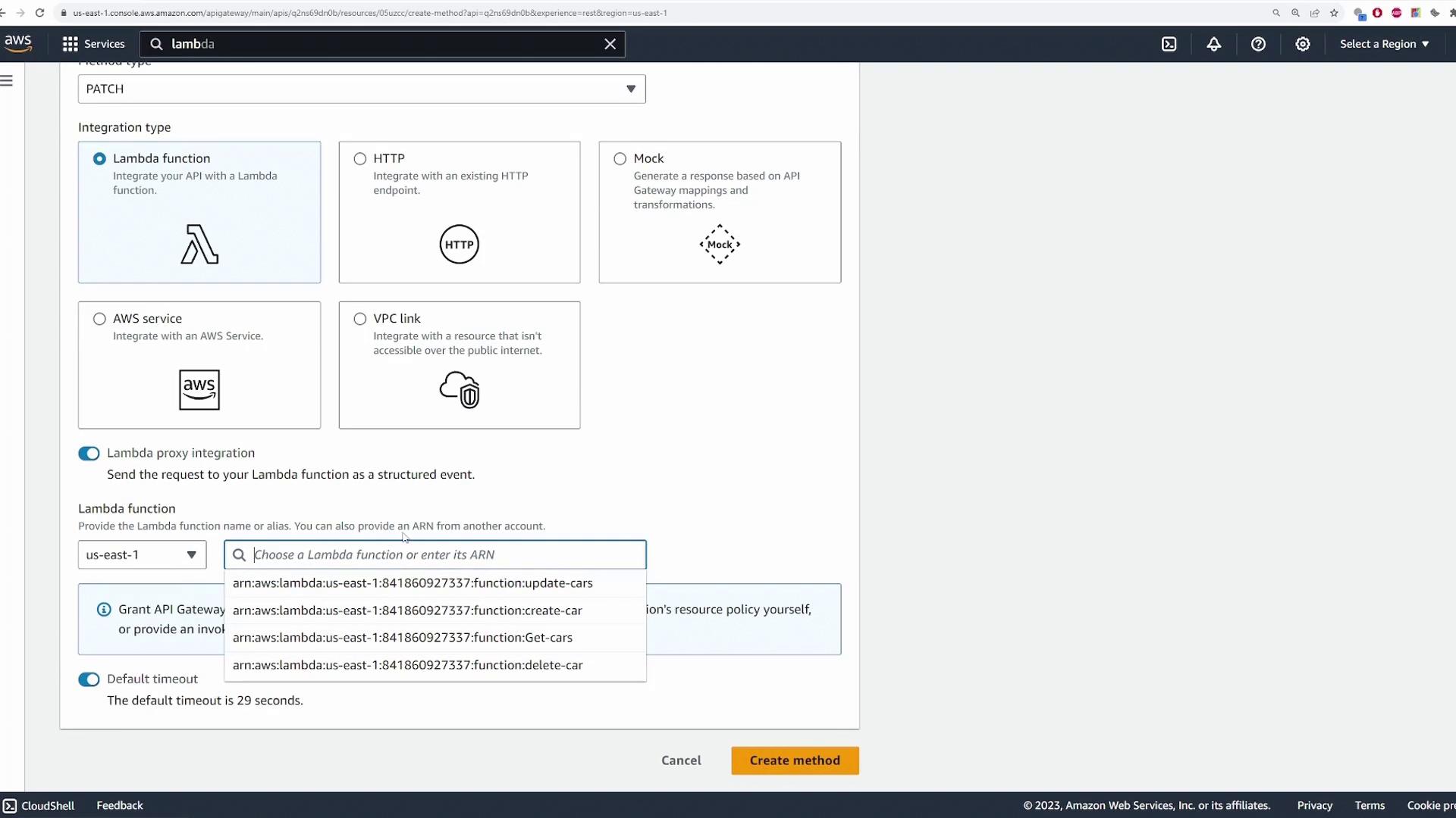 The image shows an AWS API Gateway console where a user is selecting an integration type for a PATCH method, with options like Lambda function, HTTP, Mock, AWS service, and VPC link. The Lambda function option is selected, and a dropdown menu displays available Lambda functions.