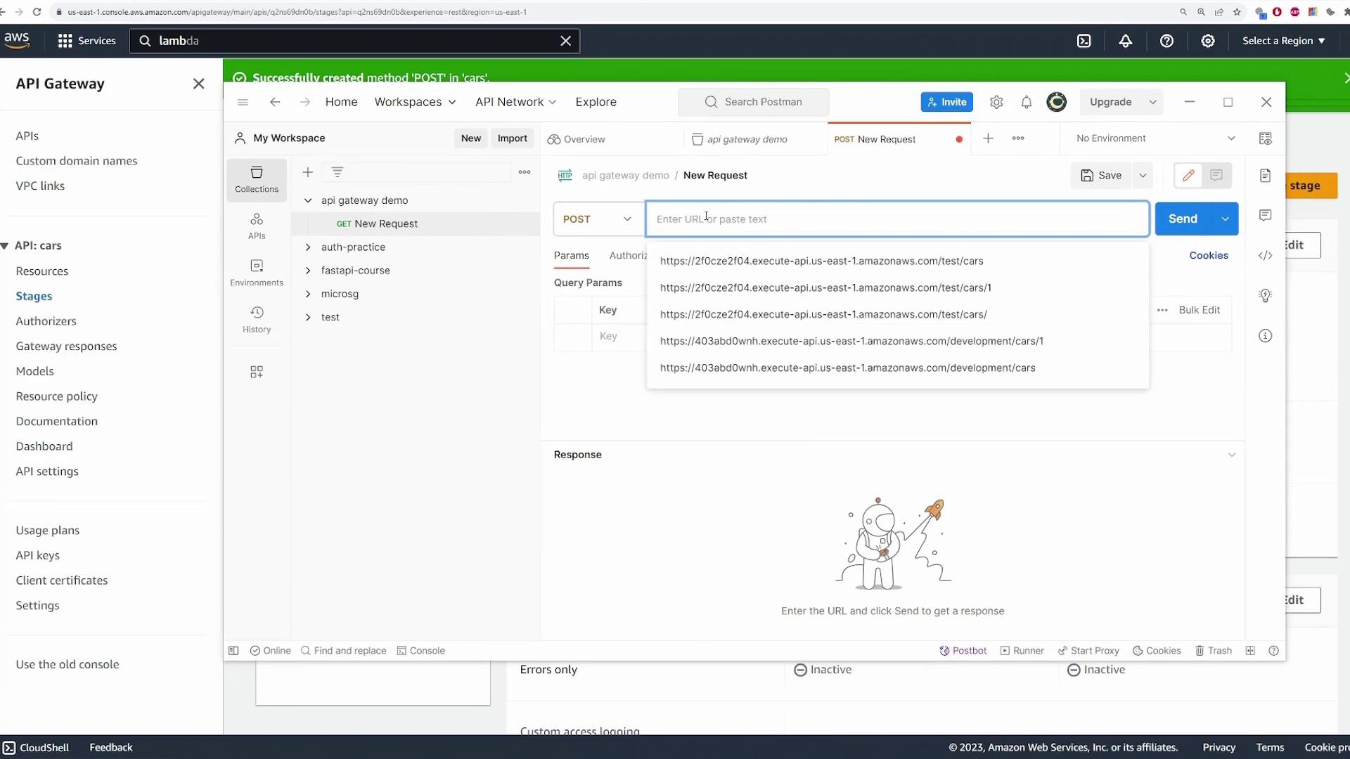 The image shows an AWS API Gateway interface alongside a Postman application window, where a POST request is being set up with various URLs listed.
