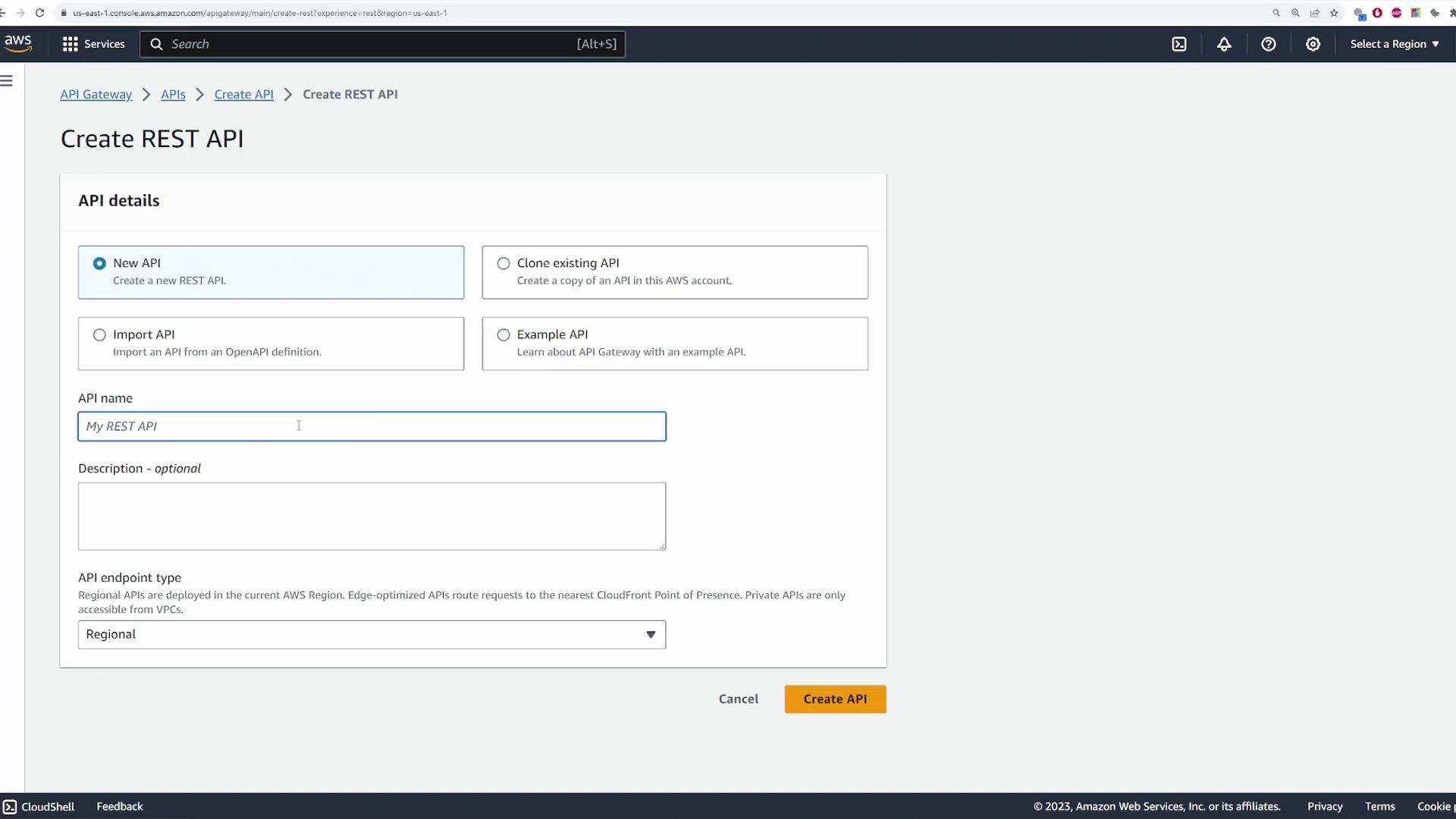 The image shows the AWS API Gateway interface for creating a new REST API, with options to create, clone, import, or use an example API. The user can enter an API name, description, and select the endpoint type.