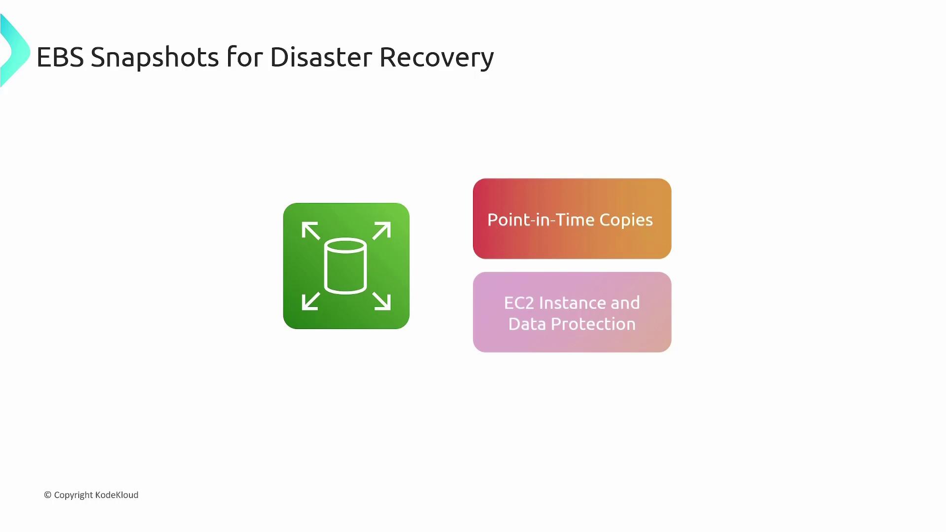 The image is about "EBS Snapshots for Disaster Recovery" and includes icons and text highlighting "Point-in-Time Copies" and "EC2 Instance and Data Protection."