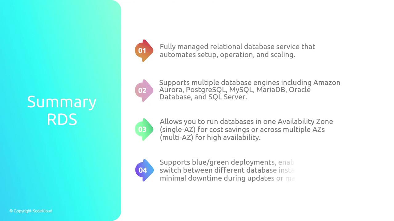 The image is a summary of RDS (Relational Database Service) features, highlighting its management, support for multiple database engines, availability zone options, and deployment capabilities.