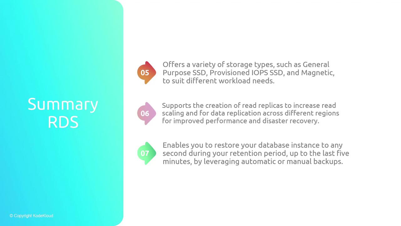 The image is a summary of RDS features, highlighting storage options, read replica support, and database restoration capabilities. It includes points numbered 05 to 07 with descriptions of each feature.